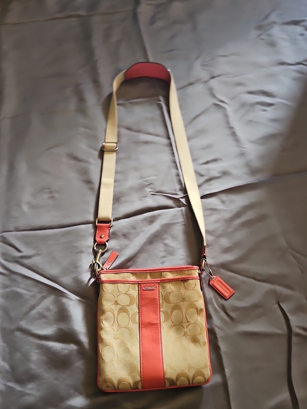 Coach Signature Crossbody Bag in Khaki and Coral